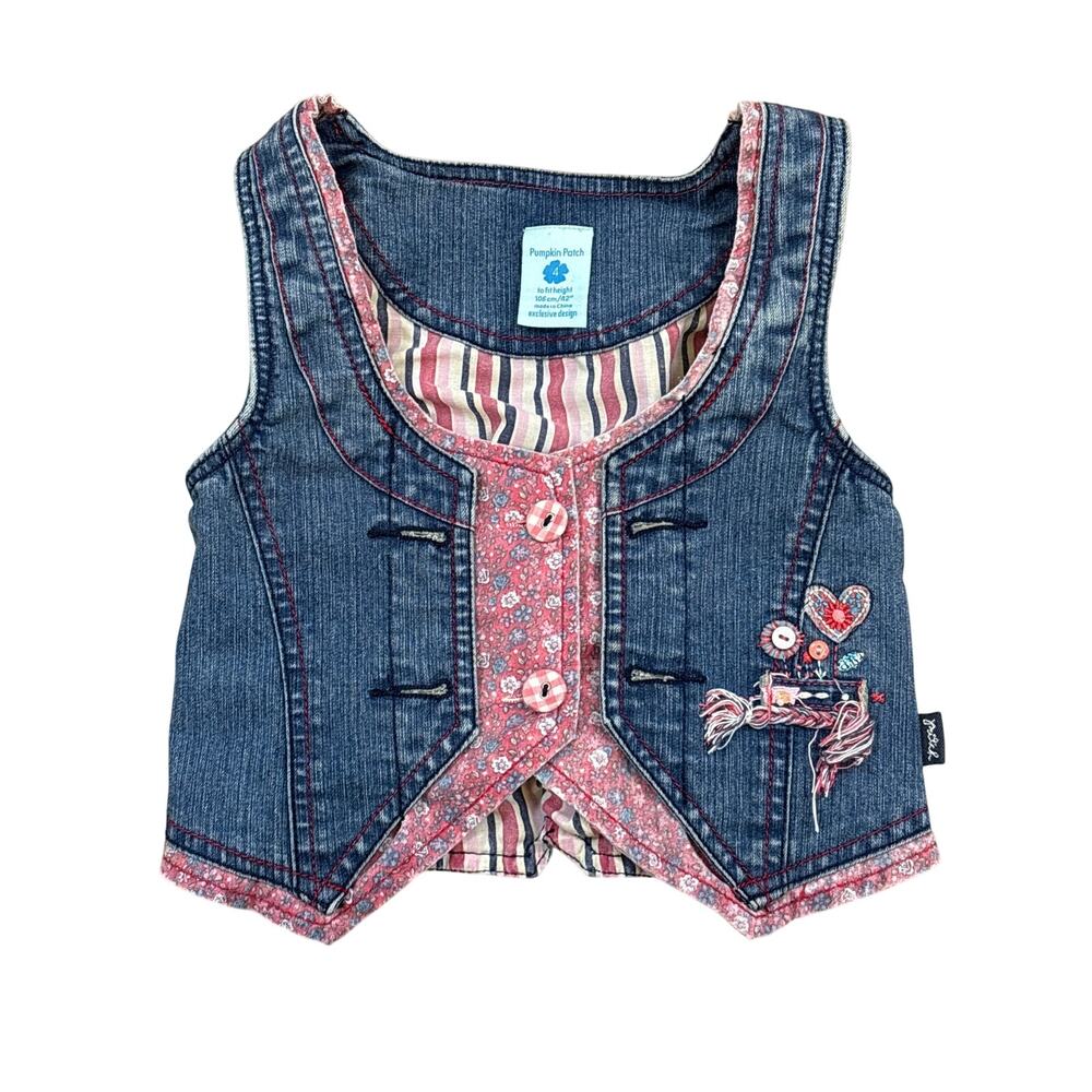 Vintage layered youth sz 4 denim vest heart flowers pink blue Pumpkin Patch